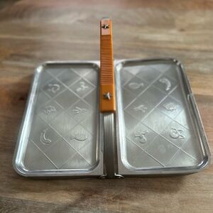Vintage Aluminum Sandwich Tray with Orange Bakelite Handle Fruit Pattern